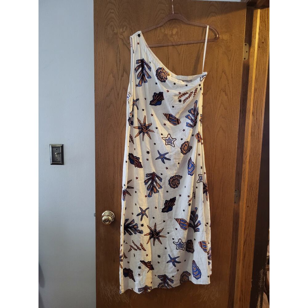 C&C California seashell one shoulder linen blend print dress cruise vacation XL